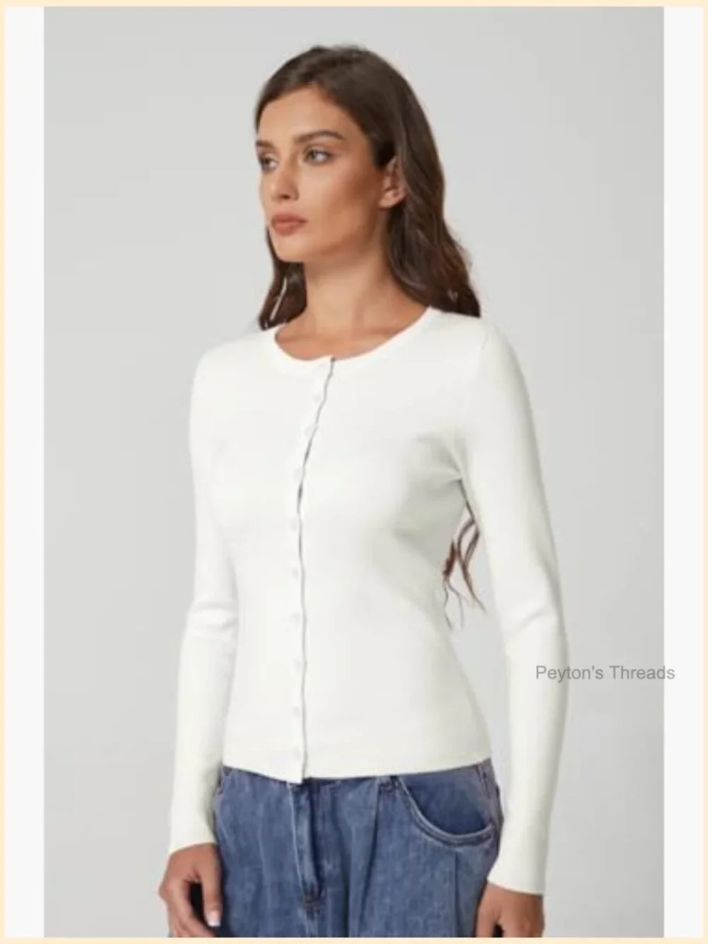Long Sleeve Crewneck Cardigan Sweater Lightweight Button Down Knit Top
